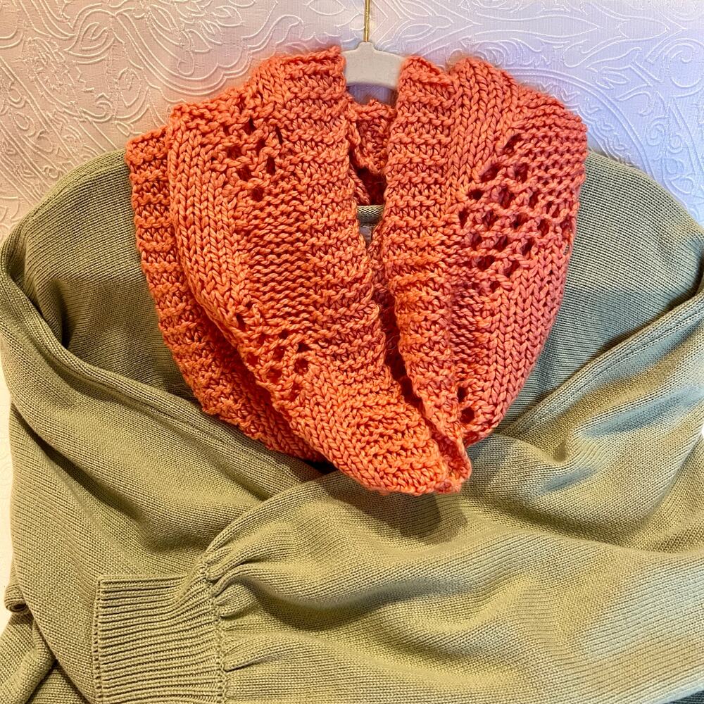 Warm Peach Pink Cowl Infinity Knit Scarf Hand Crocheted